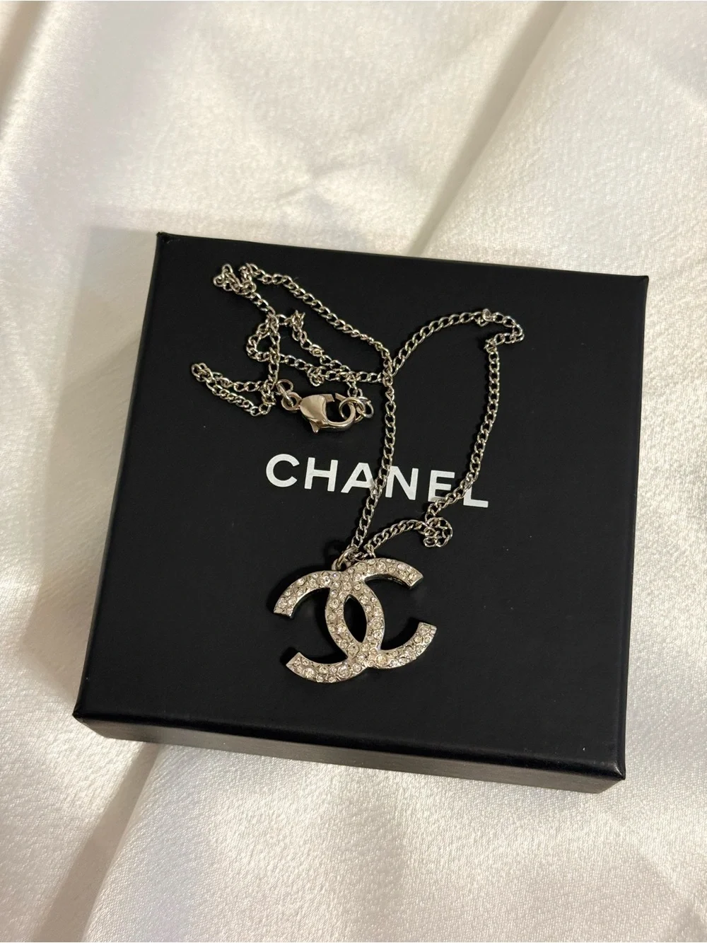 Chanel Silver Crystal CC Classic Pendant Necklace